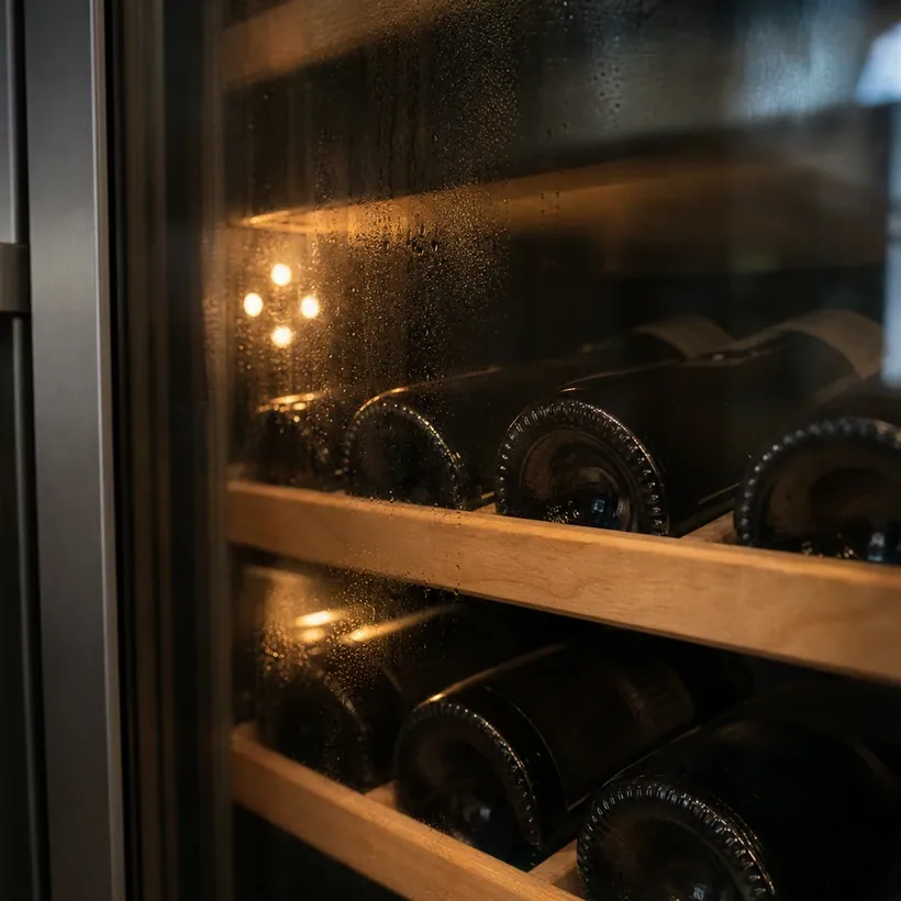 Bottles on the racks of a built-in Sub-Zero wine column being checked for a temperature fault
