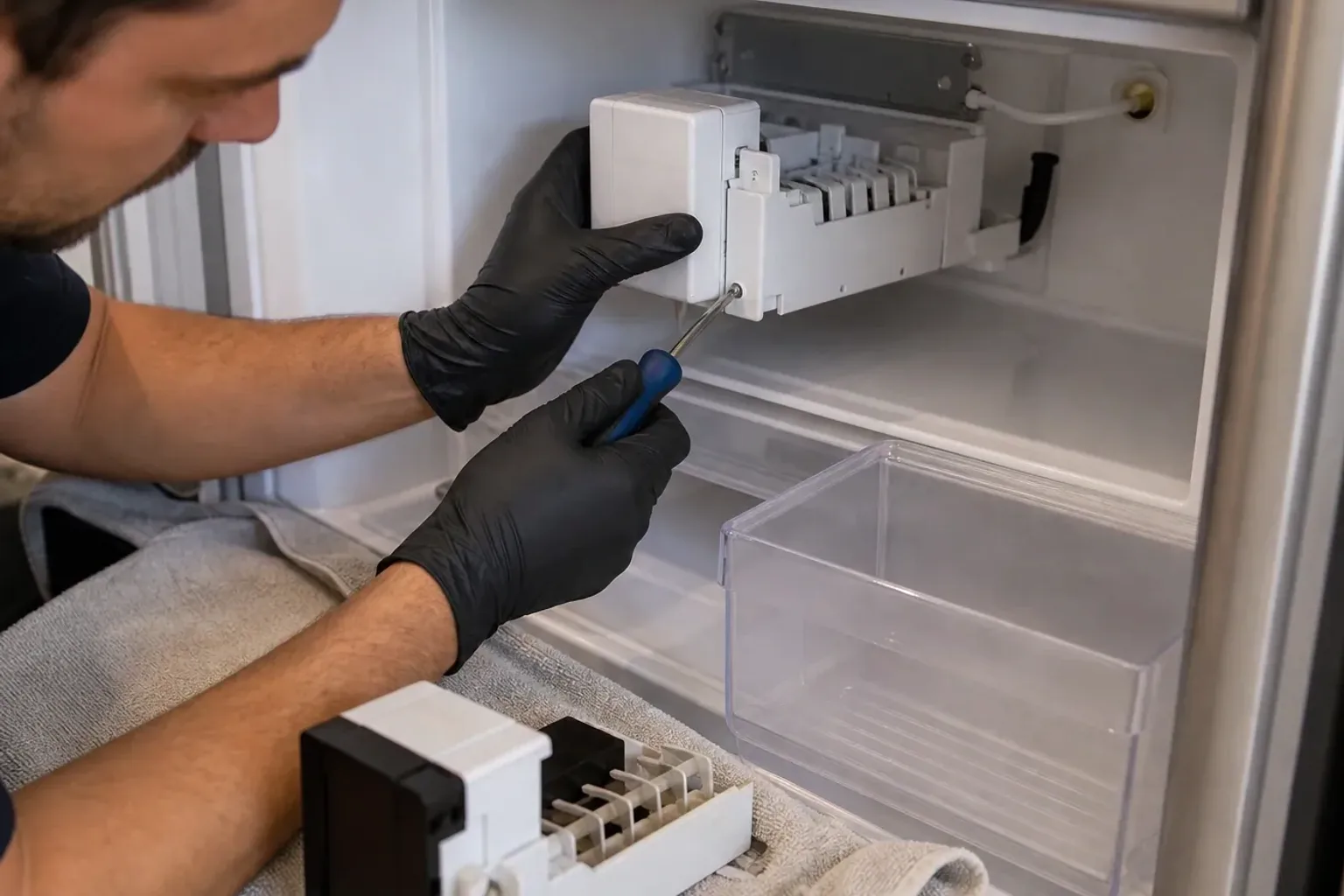 Panel-ready built-in refrigerator column open during a Bay Area service visit